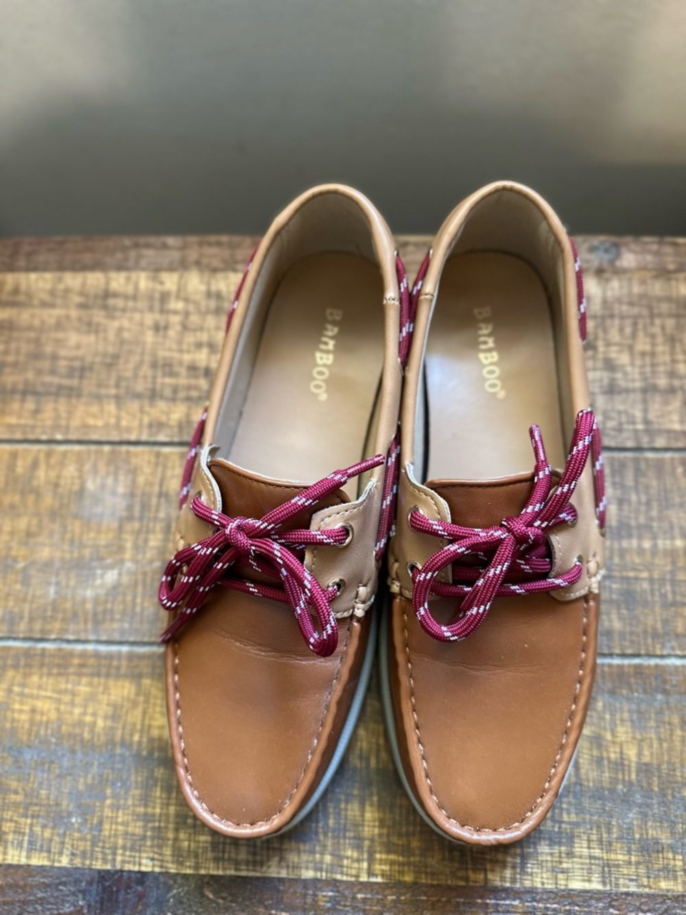 BAMBOO Brown and Red Lace Boat Shoes